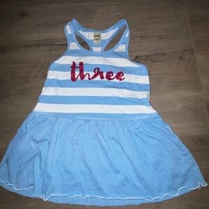 Striped Blue and White Dress with Red 'Three'